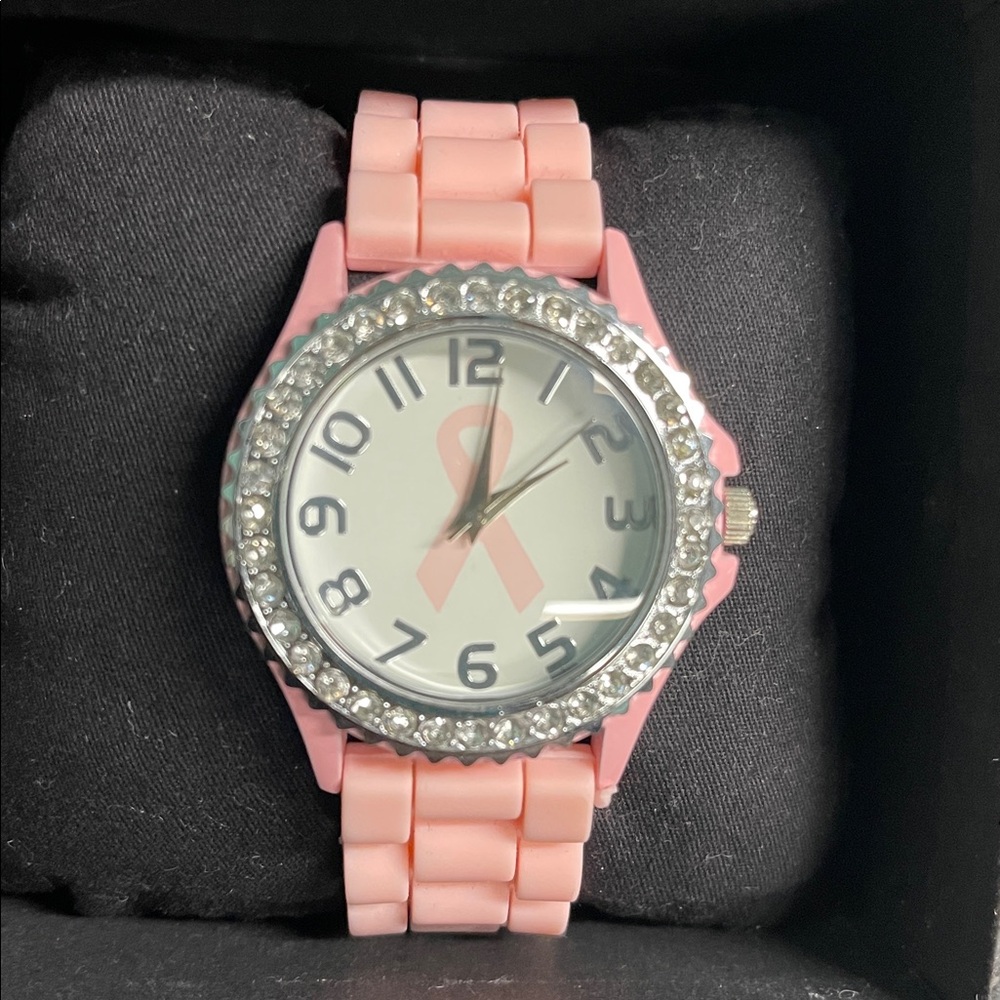 GENEVA BREAST CANCER AWARENESS PINK RIBBON CRYSTAL SILICONE 38MM FACE WATCH